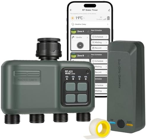 WiFi Water Timer for Garden Hose, Sprinkler Timer 4 Zone, Smart Hose Water with WiFi Irrigation Controller,Voice Control RF433 Automatic Irrigation System/Rain Delay/Manual Watering D34WT06 by Wilawels