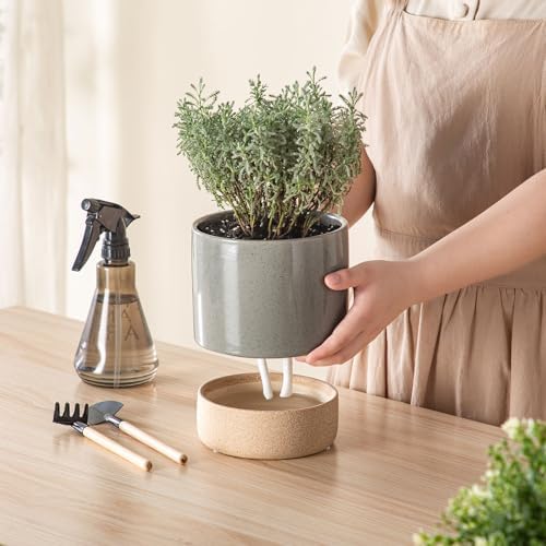 6 Inch Ceramic Self Watering Planter with Drainage Hole, Dark Grey - Image 6