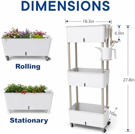 3-Tier 46.7"H Rolling Raised Garden Bed with Wheels, Self Watering Planter Box with Visible Water Level, Gray Rustproof Plastic Herb & Strawberry Planter for Indoor Outdoor Vegetables Flowers, DIY Kit - Image 2