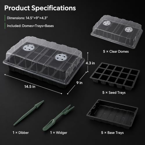 Gardzen 5 Pack Seed Starter Trays with Vented Domes 150 Cell Black - Image 2