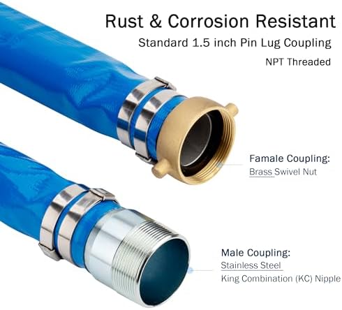 DAVCO 1.5" ID x 50 ft Pool Backwash Hose, Heavy Duty Reinforced Blue PVC Lay Flat Water Discharge Pump Hoses For Swimming Drain Pools and Clean Filters, with Brass NPT Pin Lug and KC Nipple Fittings - Image 2