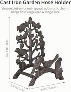 Cast Iron Garden Hose Holder Heavy Duty - Rustic Wall Mount Water Hose Hanger Reel Organizer, Decorative Birds & Branch Design, Vintage Outdoor Garden Yard Patio Storage Rack, Black-Brown - Image 2