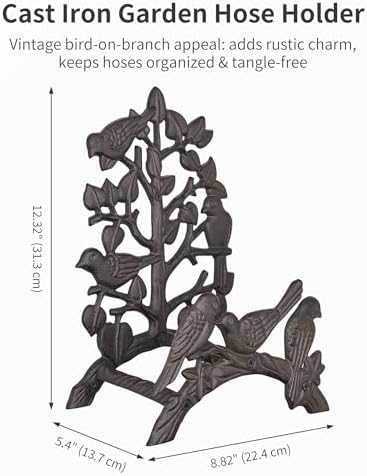 Cast Iron Garden Hose Holder Heavy Duty - Rustic Wall Mount Water Hose Hanger Reel Organizer, Decorative Birds & Branch Design, Vintage Outdoor Garden Yard Patio Storage Rack, Black-Brown - Image 2