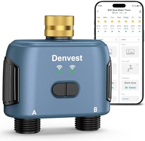 WiFi Water Timer for Garden Hose with Brass Inlet,Smart Hose Timer with WiFi Hub, APP & Voice Control,Up to 20 Watering Plans, 2-Zone Sprinkler Drip Irrigation System Controller for Yard Lawn Watering by Denvest
