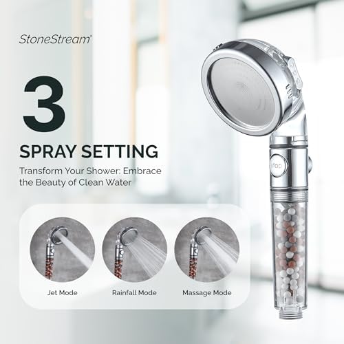 Original StoneStream EcoPower High Pressure Handheld Shower Head with ON OFF switch- 3 Spray Settings with Hose, Wall Adapter and Replacement Beads - Image 4