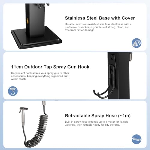 Outdoor Water Column with Faucet, Garden Water Column Freestanding with Spray Gun, Yard Hydrant Stainless Steel, Outdoor Water Spigot with Dual Inlet, for Irrigation Washing (23.6in) - Image 6