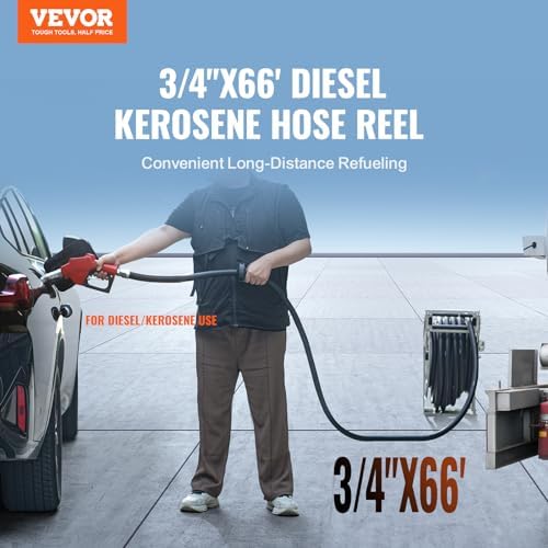 VEVOR Fuel Hose Reel, 3/4 inch x 66 ft Retractable, Spring Driven Auto Swivel Rewind, 300 PSI, Heavy-Duty Carbon Steel Construction with Industrial Grade Rubber Hose, for Diesel Fuel, Kerosene - Image 2