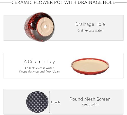 10.3 Inch Ceramic Planter with Saucer,Modern Garden Pots with Drainage Hole Mesh Net, for Indoor Outdoor Use (Speckle Red) - Image 4