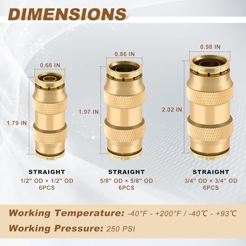 18PCS 1/2" 3/4" 5/8" Brass Dot Air Line Fittings Kit, Straight Union - Image 2