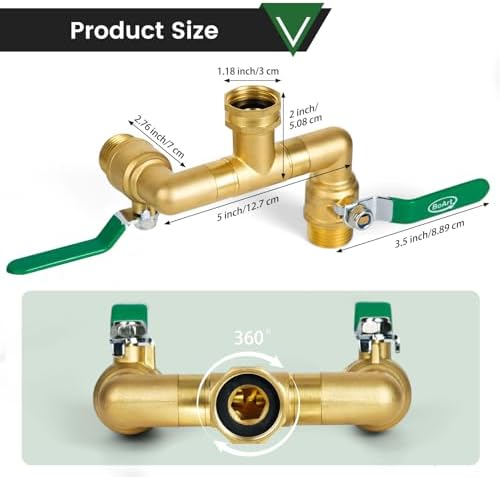 2 Way Heavy Duty Brass Garden Hose Splitter, 360° Rotatable Y Valve, Full Flow Large Ball Valve, Long Handle, Thickened Solid Brass, 3/4" GHT Thread for Outdoor Faucet, Lawn Irrigation, Car Wash - Image 2