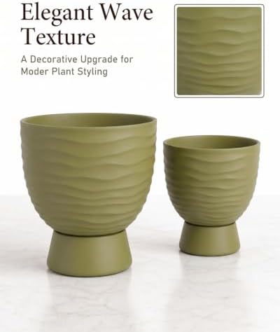 Green Terracotta Self Watering Plant Pots, 6 and 8 Inch with Saucers - Image 2