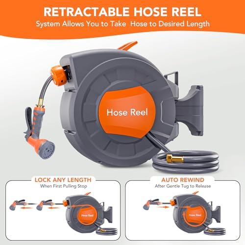 GarveeLife Garden Hose Reel - Water Hose Reel with 100 ft x 1/2 in Retractable Garden Hose, 9 Function Sprayer Nozzle, Effortless Automatic Rewind, 180° Swivel Wall Mount, Hose Reel Wall Mount - Image 5