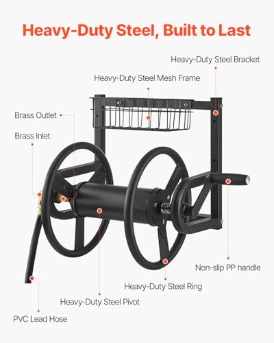 VEVOR Wall Mounted Garden Hose Reel, Holds 125 ft 5/8-inch Hose, Heavy-Duty Water Hose Winder, Space-Saving Design, Outdoor Manual Reel with Brass Fitting and Storage Basket for Yard Lawn - Image 3