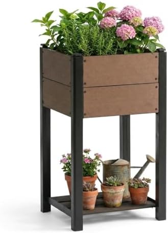 IDEALHOUSE 19.37"x19.37"x33.46" Raised Garden Bed, HDPE Elevated Planter Box with Sturdy Aluminum Frame, Wood Grain Outdoor Planter with Storage Shelf for Patio, Balcony, Lawn by IDEALHOUSE
