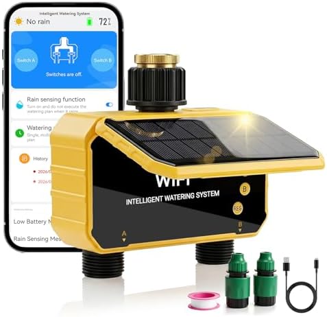 Sprinkler Timer, Solar WiFi Water Timer for Garden Hose, 2 Zone Water Sprinkler with Rain Sensor and Manual Mode via APP/Voice Control, Automatic Irrigation Control System for Lawns, Yard and Pool by Unknown