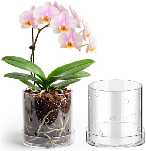 7 Inch Clear Acrylic Orchid Planter Pot with 360° Round Holes & Tray by Yiyiring