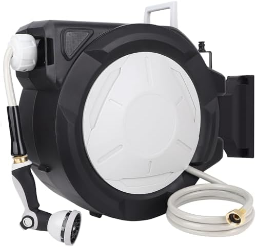 Retractable Garden Hose Reel 1/2 Inch x 100 ft, Wall Mounted Heavy Duty Automatic Hose Reel, 3/4 in Brass Fitting 9 Pattern Nozzle/Any Length Lock/180°Swivel Bracket/Slow Retraction by ITEFDTUTNE
