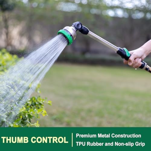 FANHAO Metal Garden Hose Wand, 16-Inch Heavy Duty Watering Wand with 9 Spray Patterns, 180° Rotating Long Garden Hose Nozzle Thumb Flow Control, Ideal to Water Hanging Baskets and Shrubs -Green - Image 2