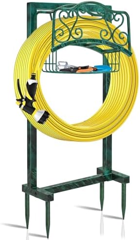 Garden Hose Holder for Outside - Upgraded Water Hose Holder Holds with Storage Basket, Heavy Duty Metal Freestanding Garden Hose Storage Reel Rack for Outdoor Yard Lawn (Green) by FaloStwer