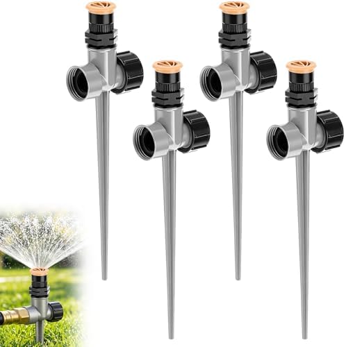 Tioncy 4 Pack Metal Lawn Sprinkler for Yard Garden Hose Sprinkler on Spike Base with Sprinklers Stake 360 Degree Adjustable Grass Water Nozzle for Grass Patio Irrigation Nurseries Greenhouse by Tioncy