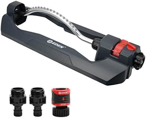 Eden 94106 Turbo Oscillating Sprinkler, Covers Up to 4,000 sq. ft., 18 Precision Nozzles, Weighted Base, Adjustable Range, Flow Control Knob, Quick Connect Bundle, Black, Silver, Red by EDEN