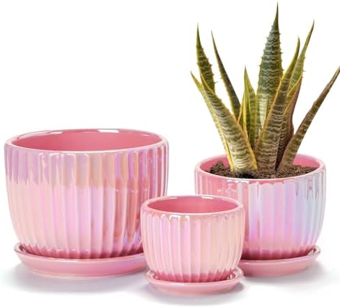 Pink Plant Pots，Ceramic Planters with Drainage Holes and Saucers Set of 3 by TonSin