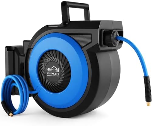 80FT + 6.5FT Retractable Air Hose Reel, Wall Mount Pneumatic Hose Reel for Garage Workshop, Automatic Rewind, 3/8" x 80' Hybrid Air Hose with Brass Fittings + Bend Restrictors, 300PSI by Himimi