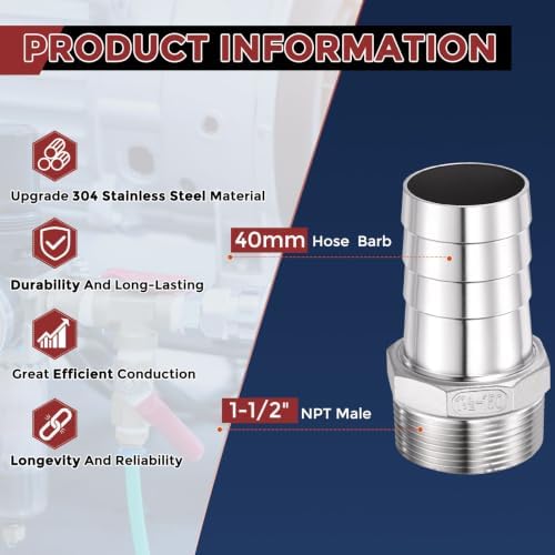 4pcs Stainless Steel Hose Barb Fittings 40mm Barb to 1-1/2" NPT Male - Image 2