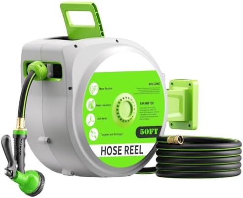 Retractable Garden Hose Reel - 1/2" x 50ft Wall Mounted Hose Reel with 10-Function Sprayer Nozzle, UV Resistant, 180°Swivel Bracke, Slow Return System (50FT) by HOLIBAN