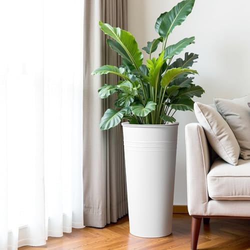KOL 28'' Tall Galvanized Steel Planter Pot - Flower Pot with Water Level Indicator for Plants - 2-Pack Self Watering Planters - Round White Powder Metal Planter Box - Indoor Outdoor Grande Plant - Image 5