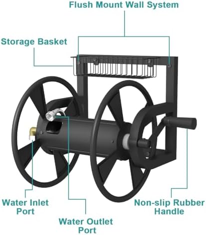 Artigarden Garden Wall Mounted Hose Reel, Outdoor Heavy-Duty Water Hose Holder Winder, Holds 125 Feet of 5/8-Inch Hose, with 3.9 ft Leader Hose, Water Fitting and Storage Basket for Yard, Black - Image 5