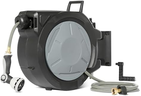 Amazon Basics Retractable Garden Hose Reel, 65 Foot, Wall Mounted, 10-Pattern Spray Nozzle, 180° Swivel Bracket by AmazonBasics