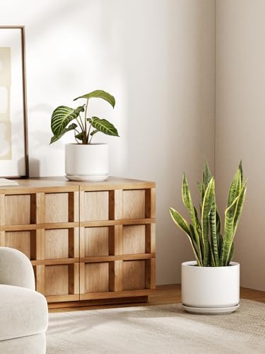 LE TAUCI 10 + 12 Inch Ceramic Plant Pots, Set of 2, White - Image 2