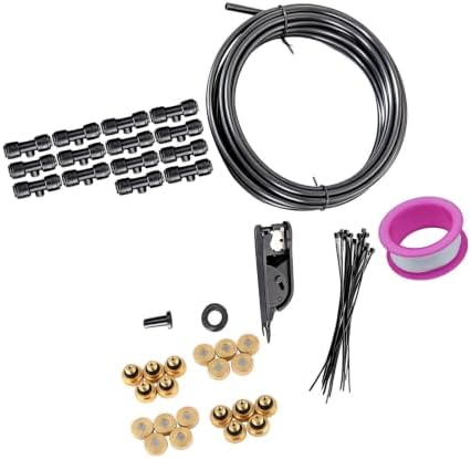 Greenhouse Mist Cooling Setup with Brass Nozzles and Black Tubing for Patio Borders, Plant Rows and Fan Wrap Use Line Brass Nozzle Mist Hose Fan by Unknown