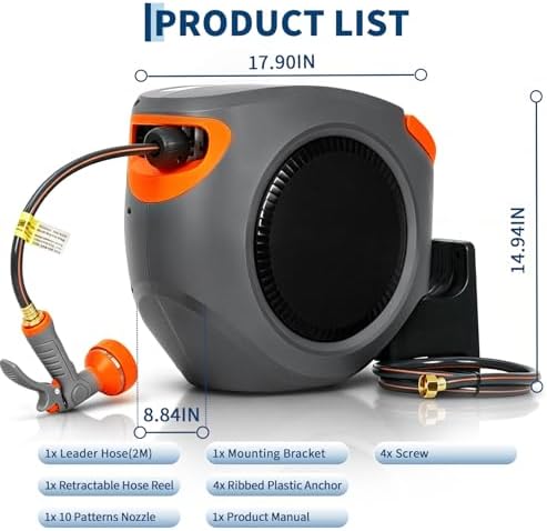 65FT Retractable Garden Hose Reel, 1/2" In Mesh PVC Water Hose Reels with 10-Function Spray Nozzle, Automatic Slow Retraction System, Any Length Lock for Garden, Yard & Outdoor Watering - Image 3
