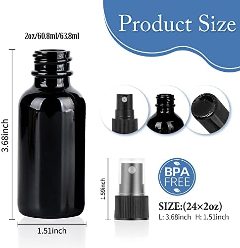 2oz Glass Spray Bottle, Fine Mist Boston Glass Bottles with Black Fine Mist Sprayer Small Clear Bottles for Essential Oils, Bath, Beauty, Hair & Cleaning, UV Black, Pack of 24 - Image 2