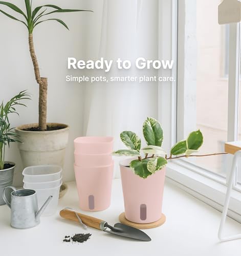 8 Pack 4" Self Watering Pots for Indoor Plants, Clear Inner Cup, Small Pink Plastic Planters, Water Level Indicator, Drainage Holes, Extra 3ft Wick, Cuttings,Seedlings,Herb,African Violets - Image 6