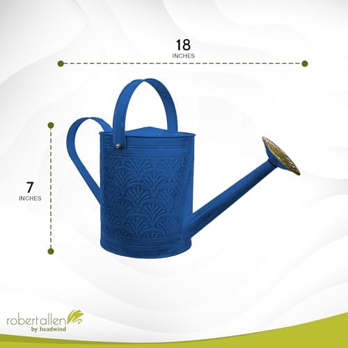 Headwind Aurora 2 Gallon Metal Watering Can, Large Watering Can Outdoor for Garden Plants, Brass Rose Shower Head, Vintage Embossed Galvanized Steel – Oceanside Blue - Image 2