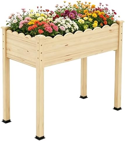 Raised Garden Bed with Legs, 34x18x30in Tall Wooden Elevated Planter Box with Liner for Flowers Vegetables Herbs, Wavy Profile Outdoor Raised Bed for Balcony/Patio/Backyard by Cakhdry