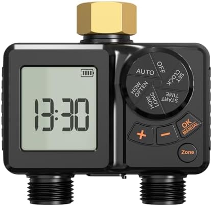 Aramox 2 Zone Smart Water Timer, Rechargeable Dual Outlet Irrigation Control with 28 Inch Display 24 48 72h Rain Delay IPX6 Brass Inlet for Garden Lawn 3 4 Thread - Image 2