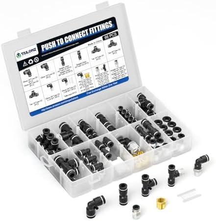 TAILONZ PNEUMATIC Black 1/4" 3/8" 1/2" Push to Connect Fittings, Push-in Fittings Thread Connection Kits Suitable for Nylon, PU Tube etc. (Pack of 66) by TAILONZPNEUMATIC