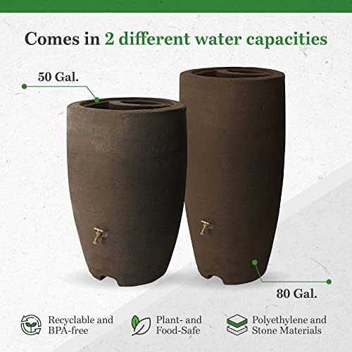 Algreen Plastic Rain Barrel, 50 Gallon Drum - Rainwater Tank w/Brass Spigot & Screen Guard for Rain Water Collection & Storage - Athena, Brownstone - Image 2