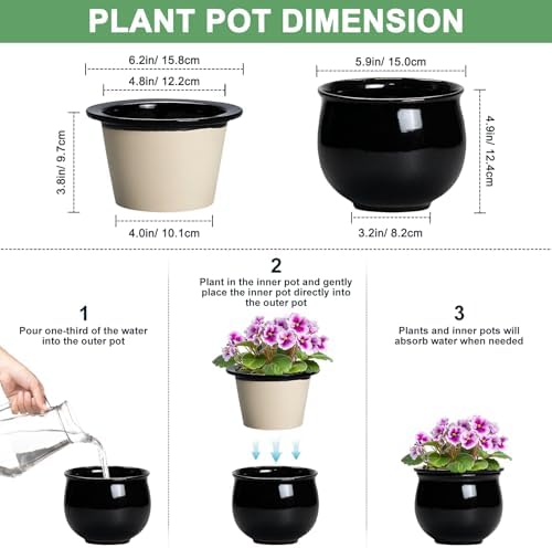 Ceramic African Violet Self Watering Pots, 6 Inch Self Watering Plant Pot with Absorbent Inner Pot, Flower Pots for Indoor Plants, Round Ceramic Planter, Home Decor, Plant Lover Gifts, Black - Image 2