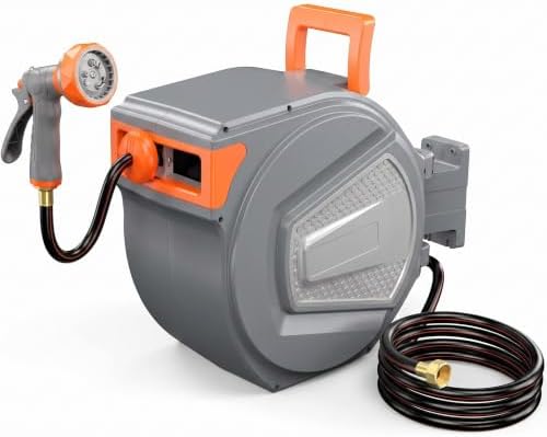 Retractable Garden Hose Reel,Heavy Duty Water Hose Reel,Wall Mounted with 9-Pattern Spray Nozzle,Any Length Lock,Slow Retract System,180° Swivel for Yard,Lawn,Patio & Car Wash (Grey, 1/2" x 78 FT) by ComfortMeetsModernLiving