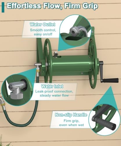 Artigarden Garden Hose Reel Wall Mounted, Outdoor Heavy Duty Powder Coated Metal Water Hoses Holder Winder Holds 125 ft 5/8" Hoses with 3.9ft Leader Hose, Stainless Steel Connector for Outside, Green - Image 4