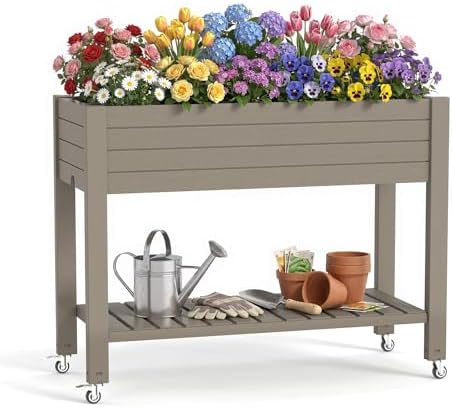 Vixzen Raised Garden Bed Outdoor,Reinforced Large Planter Box with Wheels & Storage Shelf,Mobile Planter Bed Box for Backyard, Patio, Balcony (Light Brown, 21Gal（43.31"×17.72"×33.66"）) by Vixzen