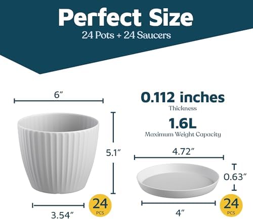 White 6-Inch Plant Pots with Drainage & Saucers 24 Pack, Indoor & Outdoor Planters for Houseplants, Herbs, and Flowers, Durable & Weatherproof Material, Stackable, Lightweight, Minimalist Design - Image 2
