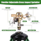 Heavy-Duty Brass Impact Sprinkler with Adjustable Tripod Base, 360 Degree Rotation, Green, 16-37 Inch Height, 0-43 Feet Coverage for Lawn and Garden Irrigation - Image 3