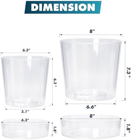 Phoenix Vine 6.5 Inch 8 Inch Clear Acrylic Houseplants Planter Pot with Tray, Orchid Pot with Drainage Holes, Deep Saucer for Bottom Watering, Transparent Containers for Indoor Plants, Herbs, 91-B-X - Image 3