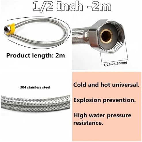 1 PC 1/2, 3/4 Inch 304 Stainless Steel Braided Hose Cold Hot Water Pipe Toilet Faucet Connection Pipe Garden Water Connection, 1/2inch, 2m - Image 2